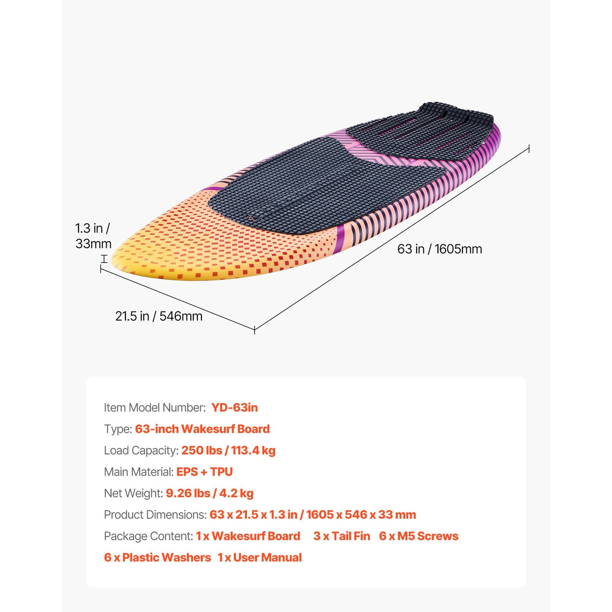 63-Inch Wakesurf Board, Wake Surfing Board with EPS Foam Core, EVA Non-Slip Pad & 3 Tail Fins, UV-Resistant Wakesurfing Boards for Adults Up to 250 lbs