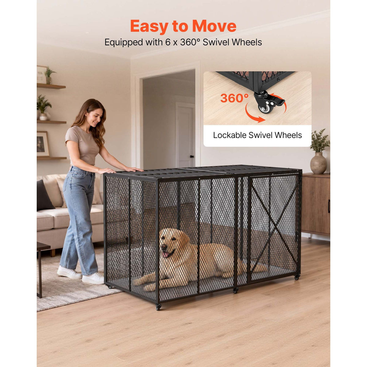 64 Inch Heavy Duty Dog Crate, Max Load Capacity 300 lbs, Indestructible Escape-Proof Dog Kennel Indoor for High Anxiety Large Breeds, Steel Metal Pet Cage with Double Doors & Lockable Wheels