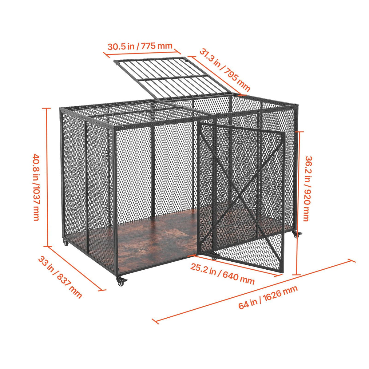 64 Inch Heavy Duty Dog Crate, Max Load Capacity 300 lbs, Indestructible Escape-Proof Dog Kennel Indoor for High Anxiety Large Breeds, Steel Metal Pet Cage with Double Doors & Lockable Wheels