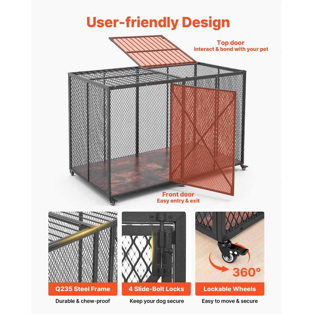 64 Inch Heavy Duty Dog Crate, Max Load Capacity 300 lbs, Indestructible Escape-Proof Dog Kennel Indoor for High Anxiety Large Breeds, Steel Metal Pet Cage with Double Doors & Lockable Wheels
