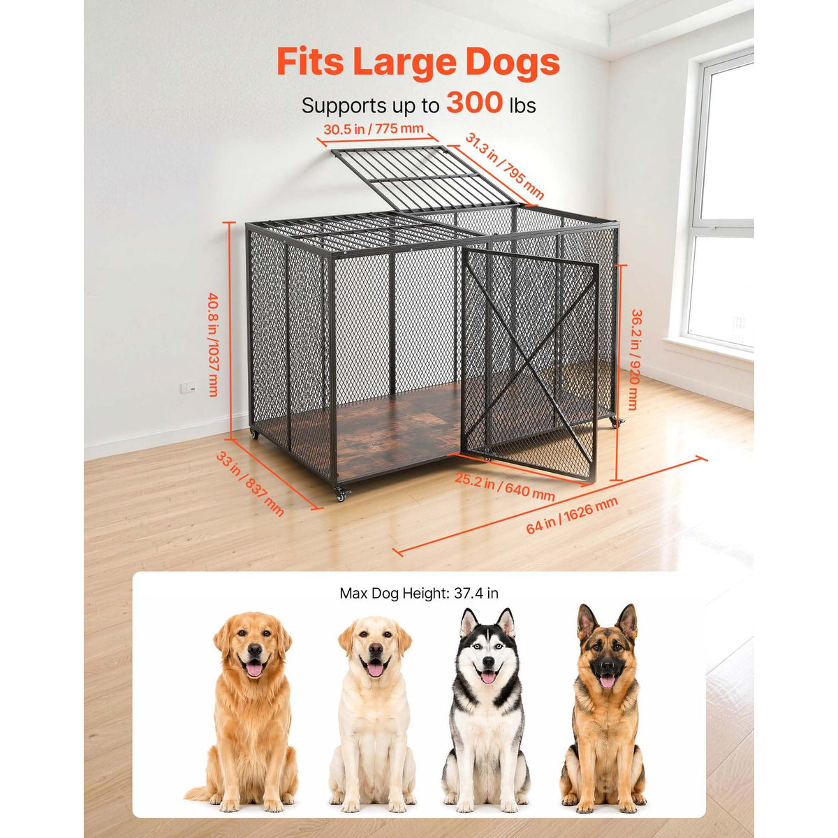 64 Inch Heavy Duty Dog Crate, Max Load Capacity 300 lbs, Indestructible Escape-Proof Dog Kennel Indoor for High Anxiety Large Breeds, Steel Metal Pet Cage with Double Doors & Lockable Wheels