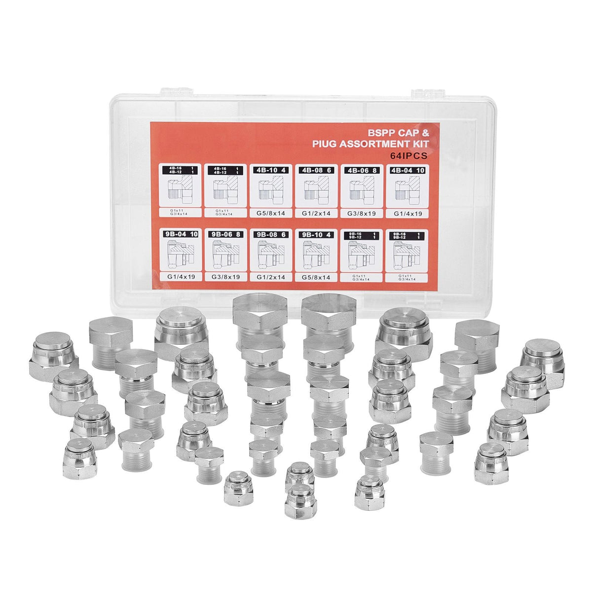 64 PCS BSPP Hydraulic Fittings, Hydraulic Cap and Plug Kit with Precision Threading, Galvanized Steel Heavy Duty Hydraulic Fitting Adapter Kit, Dash Sizes 04/06/08/10/12/16