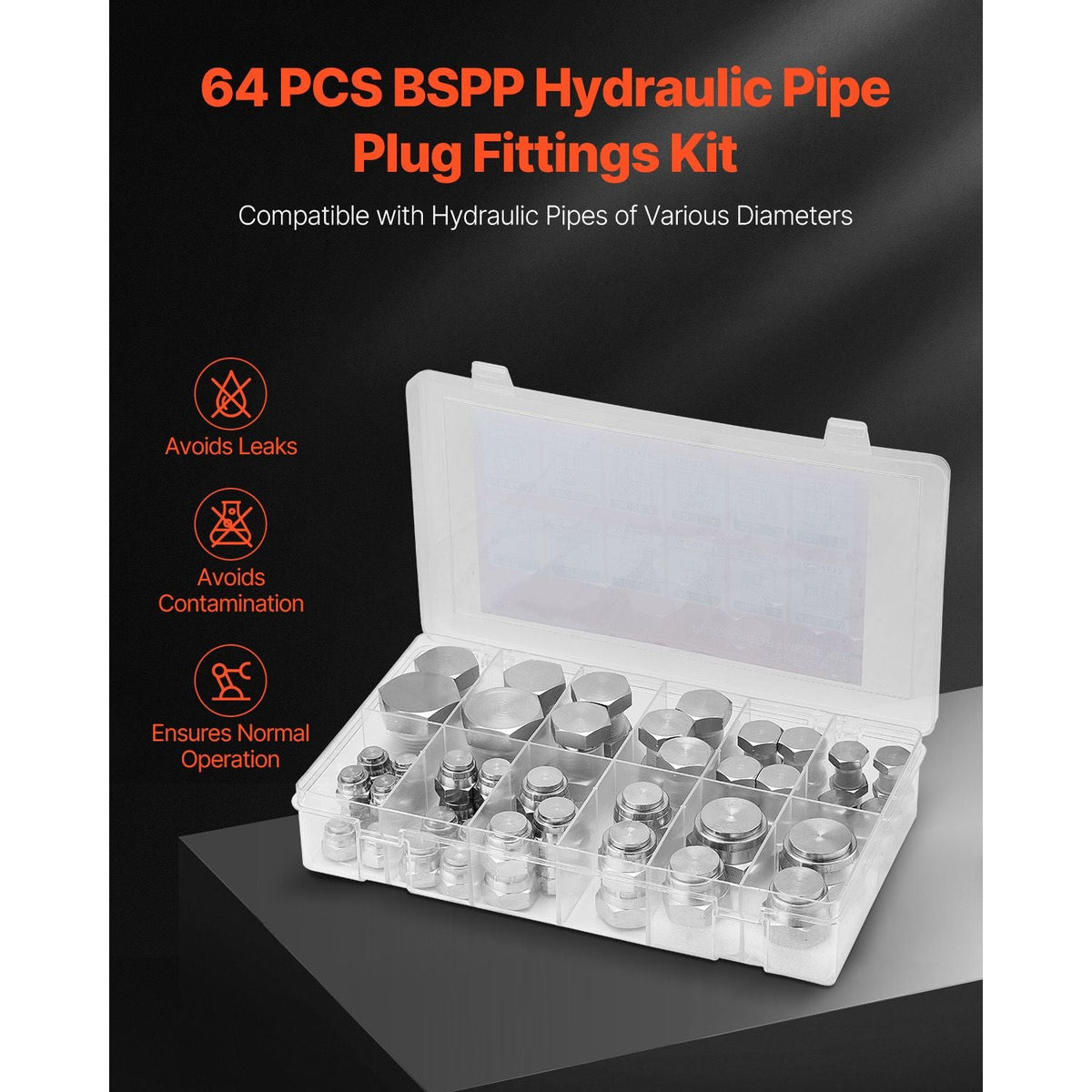 64 PCS BSPP Hydraulic Fittings, Hydraulic Cap and Plug Kit with Precision Threading, Galvanized Steel Heavy Duty Hydraulic Fitting Adapter Kit, Dash Sizes 04/06/08/10/12/16