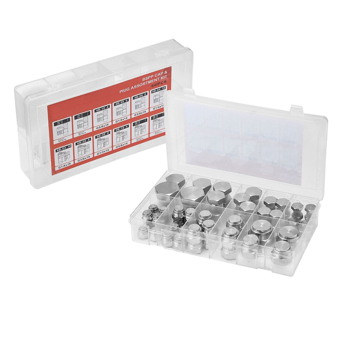 64 PCS BSPP Hydraulic Fittings, Hydraulic Cap and Plug Kit with Precision Threading, Galvanized Steel Heavy Duty Hydraulic Fitting Adapter Kit, Dash Sizes 04/06/08/10/12/16