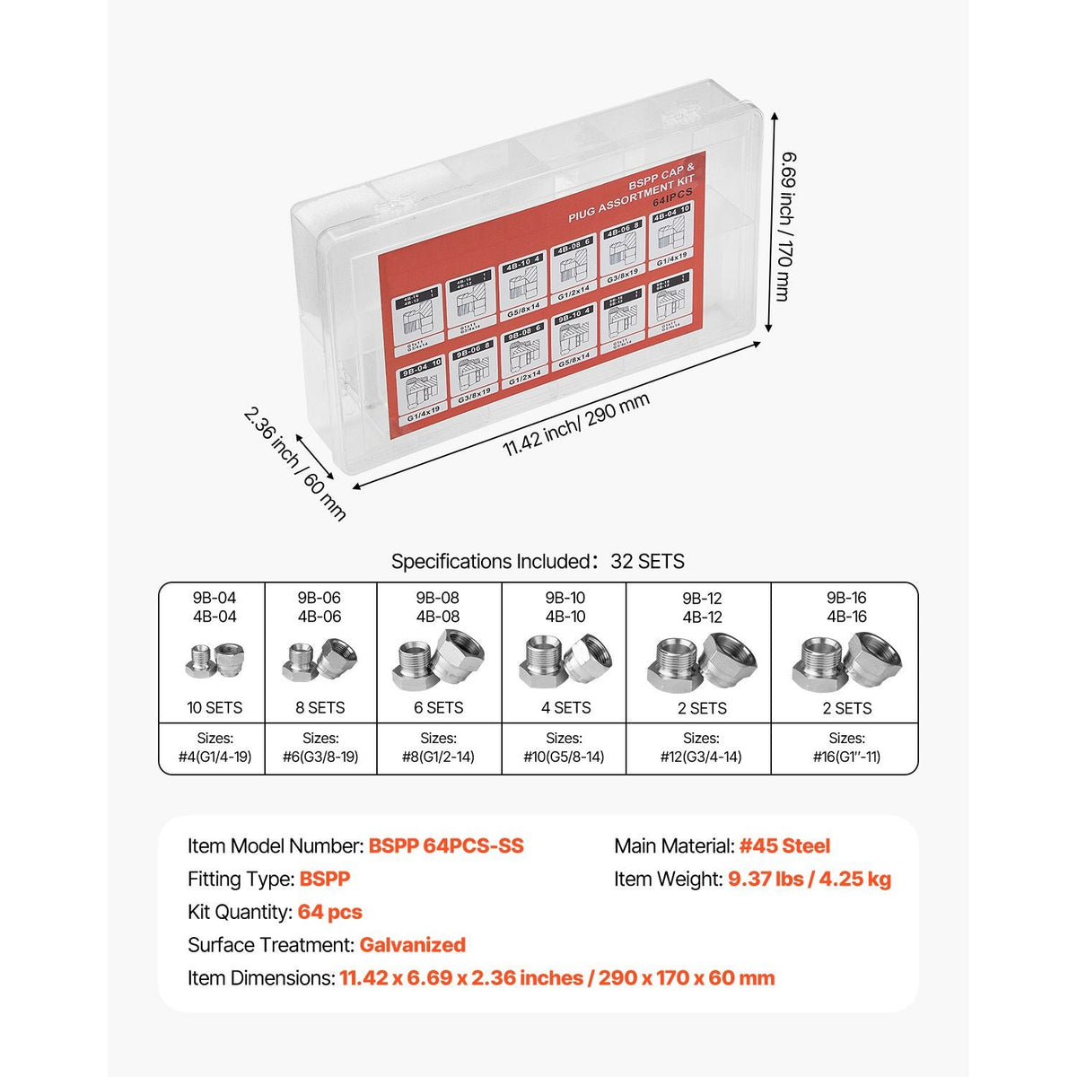 64 PCS BSPP Hydraulic Fittings, Hydraulic Cap and Plug Kit with Precision Threading, Galvanized Steel Heavy Duty Hydraulic Fitting Adapter Kit, Dash Sizes 04/06/08/10/12/16