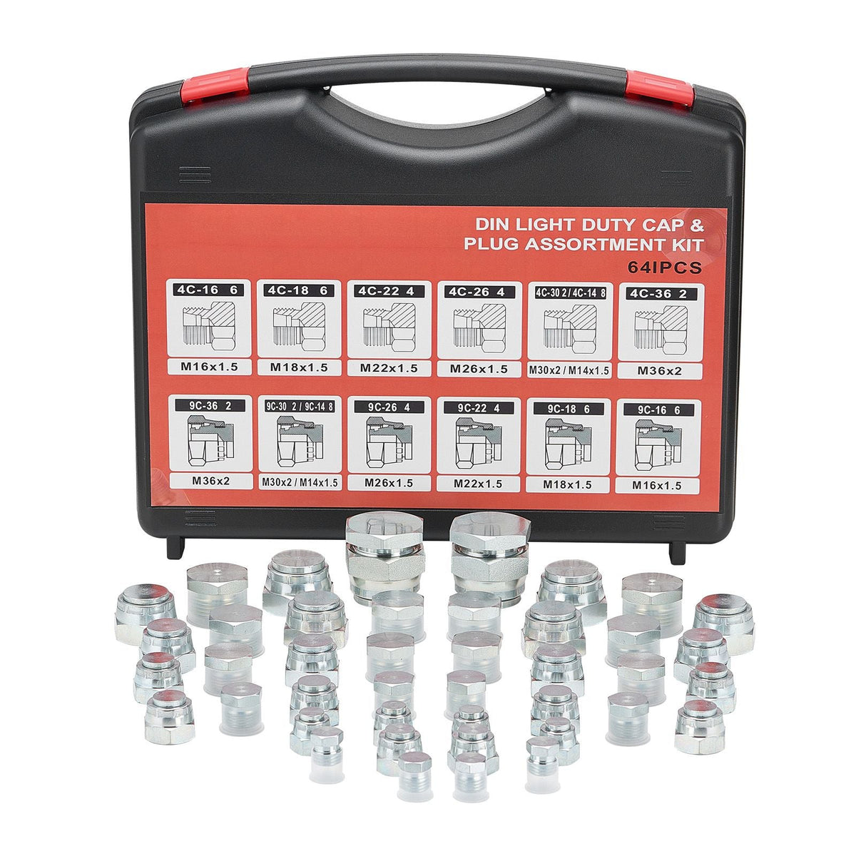 64 PCS DIN Hydraulic Fittings, Heavy Duty Master Industrial Hydraulic Cap and Plug, Hose Tube and Pipe Fitting Kit, Cap and Plug Kit with Precision Threading, Dash Sizes 14/16/18/22/26/30/36
