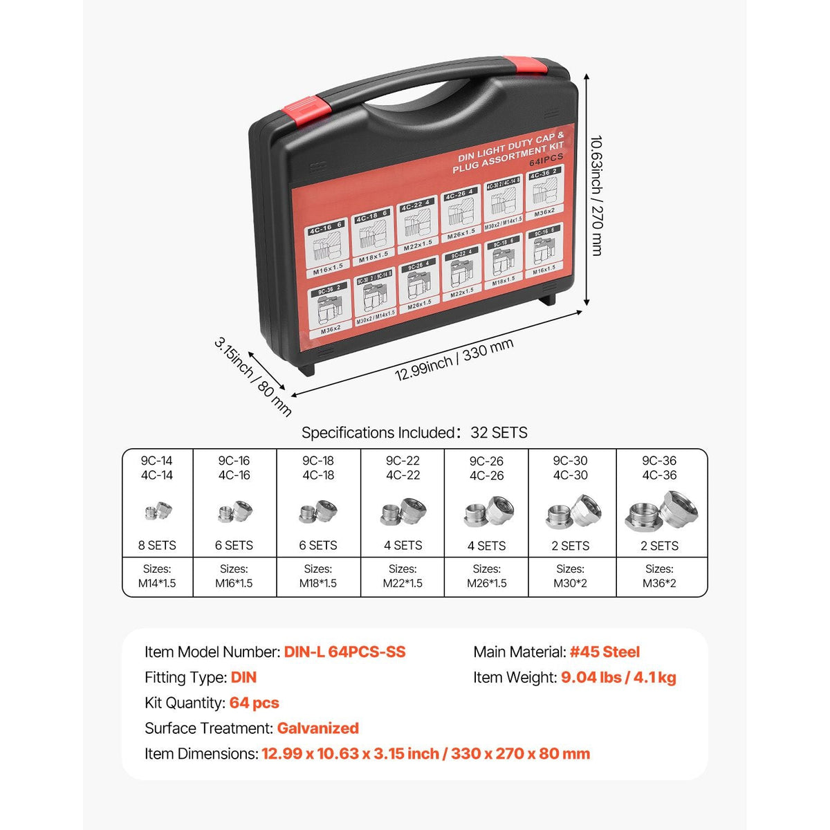 64 PCS DIN Hydraulic Fittings, Heavy Duty Master Industrial Hydraulic Cap and Plug, Hose Tube and Pipe Fitting Kit, Cap and Plug Kit with Precision Threading, Dash Sizes 14/16/18/22/26/30/36