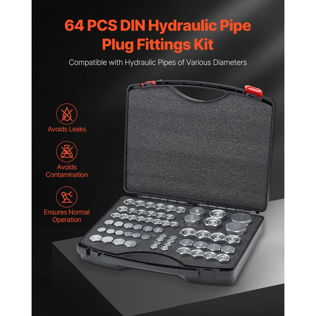 64 PCS DIN Hydraulic Fittings, Heavy Duty Master Industrial Hydraulic Cap and Plug, Hose Tube and Pipe Fitting Kit, Cap and Plug Kit with Precision Threading, Dash Sizes 14/16/18/22/26/30/36