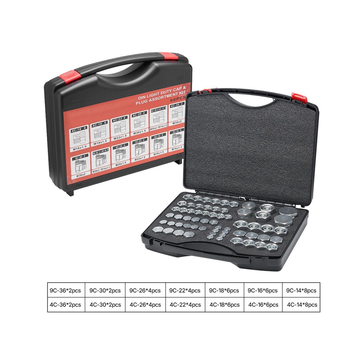 64 PCS DIN Hydraulic Fittings, Heavy Duty Master Industrial Hydraulic Cap and Plug, Hose Tube and Pipe Fitting Kit, Cap and Plug Kit with Precision Threading, Dash Sizes 14/16/18/22/26/30/36
