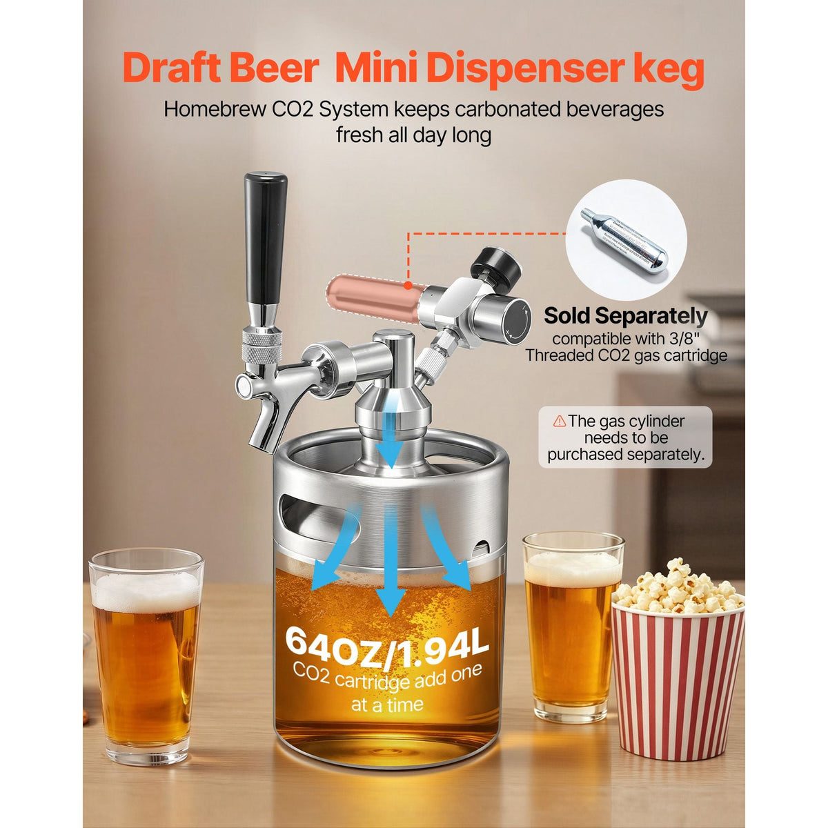64oz Mini Keg, Pressurized Growler Tap System, 304 Stainless Steel Beer Kit, with Co2 Regulator, Self-Closing Faucet, Keeps Fresh and Carbonation for Homebrew, Craft and Draft Beer
