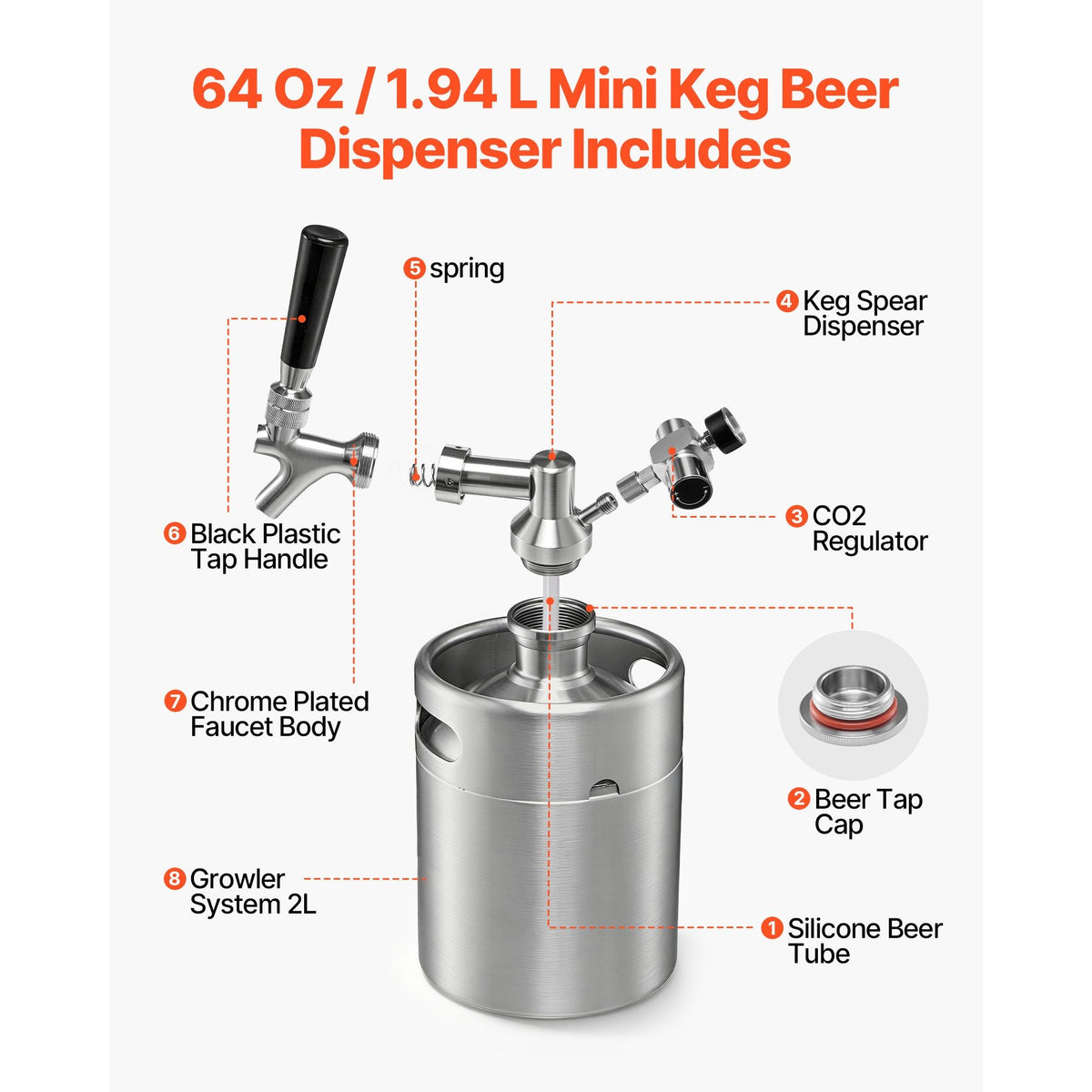 64oz Mini Keg, Pressurized Growler Tap System, 304 Stainless Steel Beer Kit, with Co2 Regulator, Self-Closing Faucet, Keeps Fresh and Carbonation for Homebrew, Craft and Draft Beer
