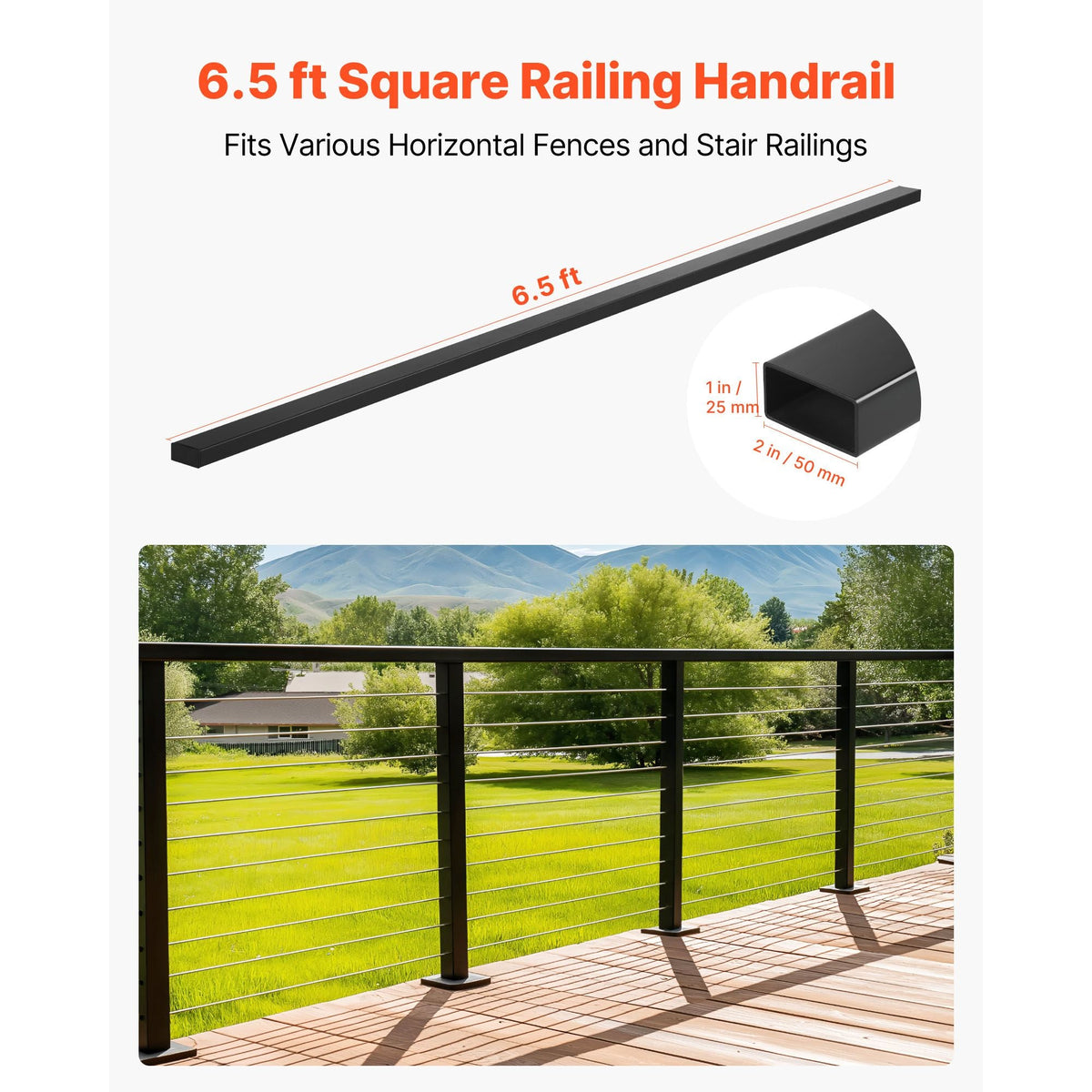 6.5 ft Stainless Steel Handrail, Rectangular Top Stair Deck Hand Rail for Outdoor/Indoor Steps with End Cap,Matte Black Coating Adjustable Metal Stair Rail for Cable Railing Kit