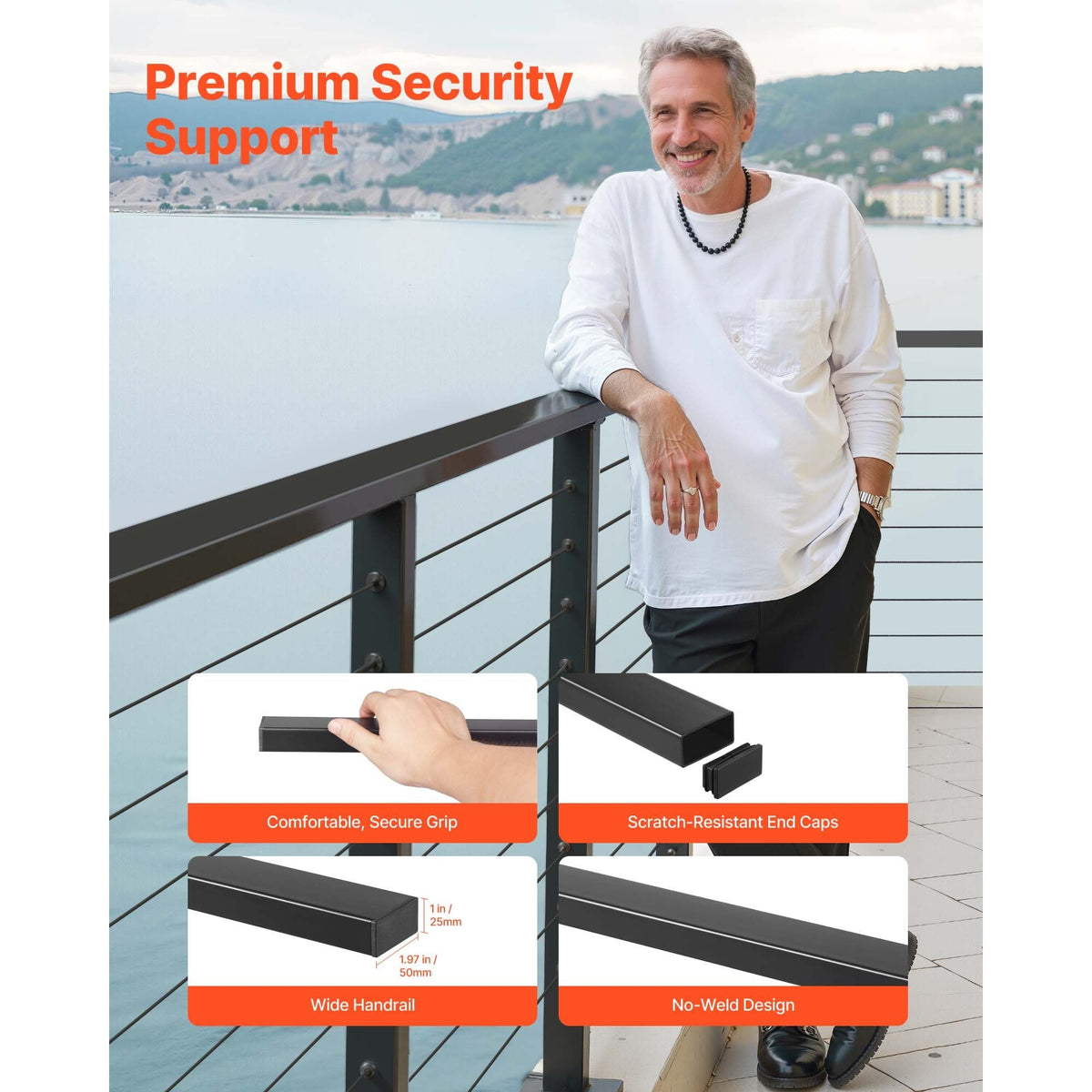 6.5 ft Stainless Steel Handrail, Rectangular Top Stair Deck Hand Rail for Outdoor/Indoor Steps with End Cap,Matte Black Coating Adjustable Metal Stair Rail for Cable Railing Kit