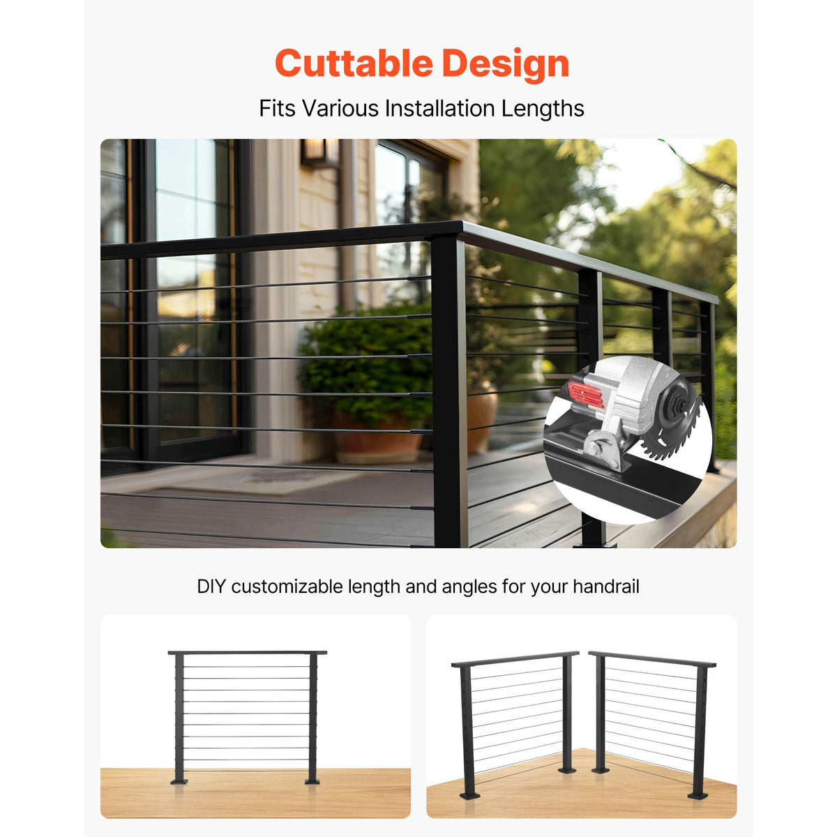 6.5 ft Stainless Steel Handrail, Rectangular Top Stair Deck Hand Rail for Outdoor/Indoor Steps with End Cap,Matte Black Coating Adjustable Metal Stair Rail for Cable Railing Kit