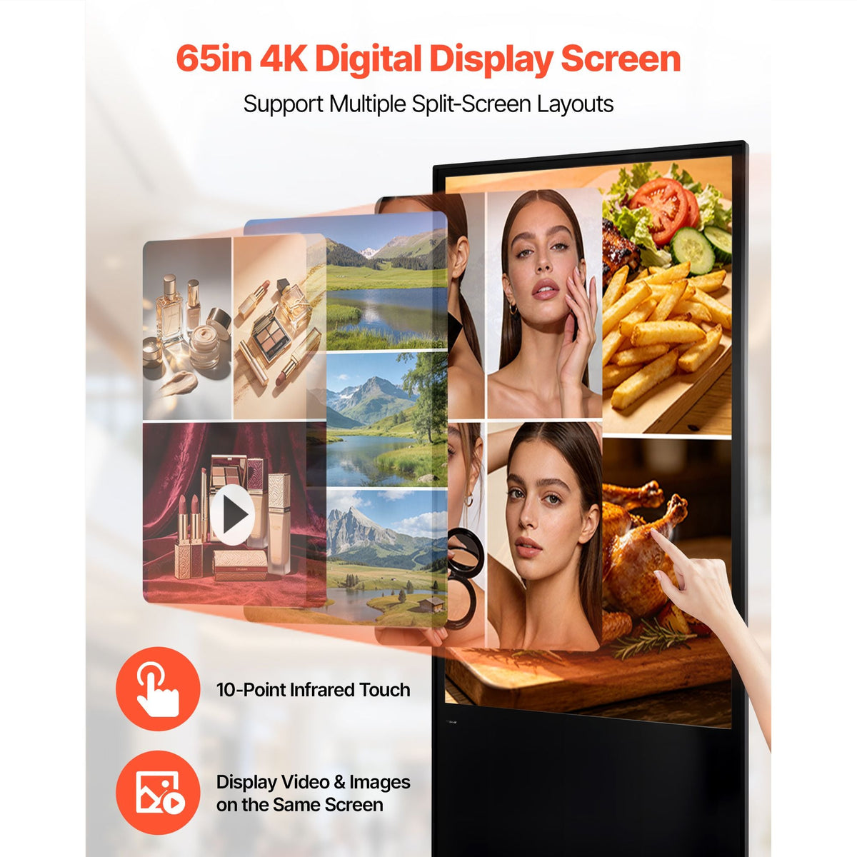 65 in Indoor Digital Signage 4K Floor Stand Advertising Display Kiosk, WiFi HDMI/USB Input Android OS, 178° Wide View, LCD Touchscreen Interactive Monitor, Mobile Commercial Totem Poster
