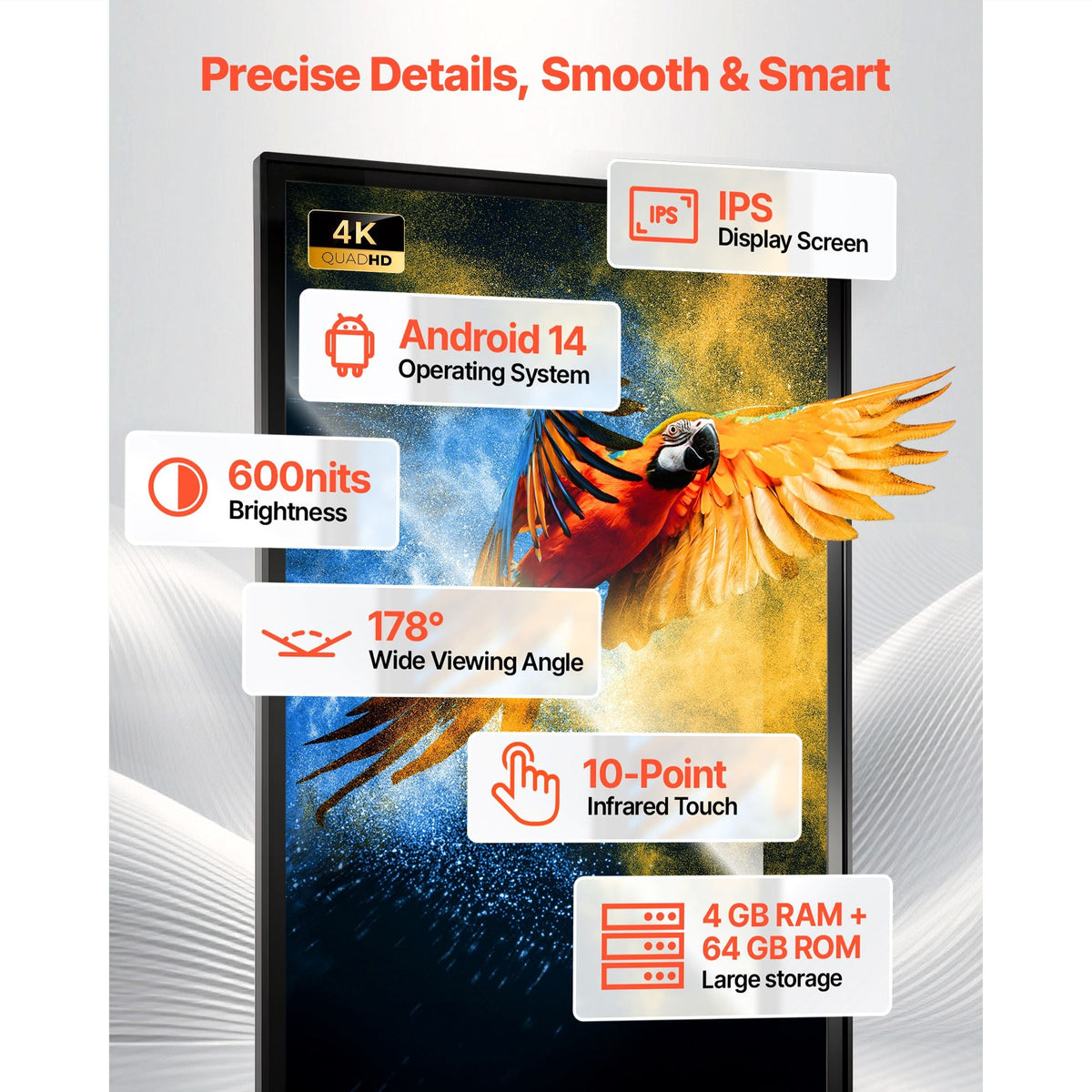 65 in Indoor Digital Signage 4K Floor Stand Advertising Display Kiosk, WiFi HDMI/USB Input Android OS, 178° Wide View, LCD Touchscreen Interactive Monitor, Mobile Commercial Totem Poster