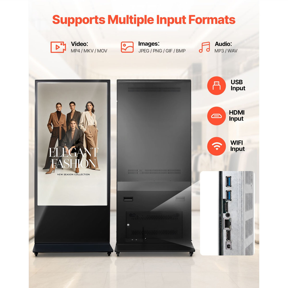 65 in Indoor Digital Signage 4K Floor Stand Advertising Display Kiosk, WiFi HDMI/USB Input Android OS, 178° Wide View, LCD Touchscreen Interactive Monitor, Mobile Commercial Totem Poster