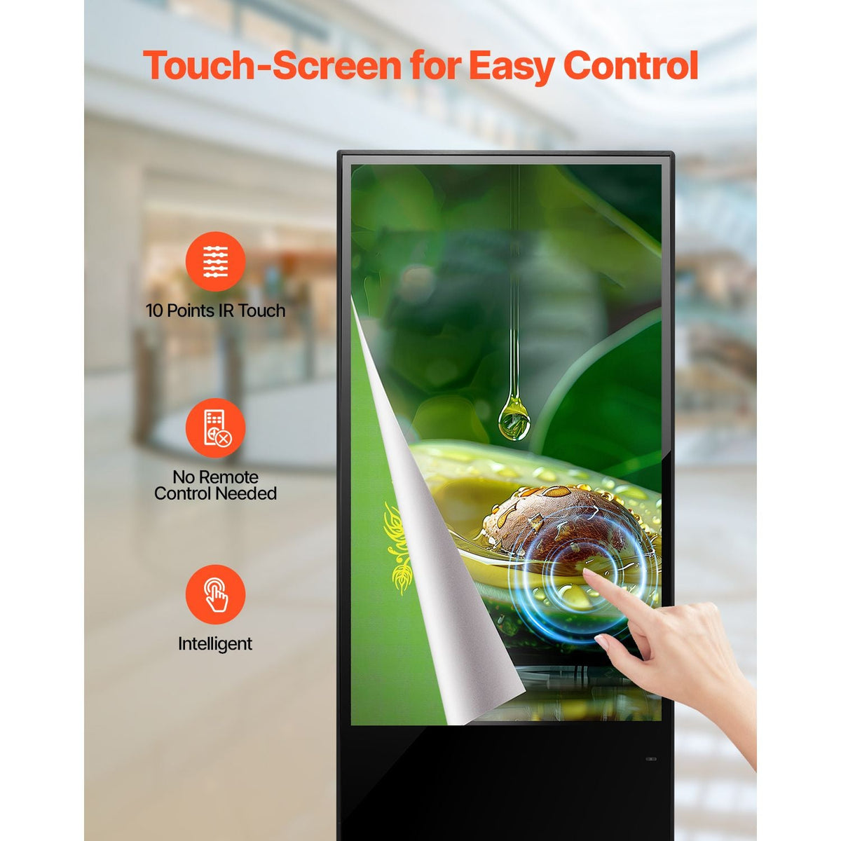 65 Inch Digital Signage Display, Touchscreen Digital Kiosk, Indoor Floor Standing Kiosk Display, 4K UHD LCD Screen, 2GB RAM & 32GB ROM, with WiFi HDMI/USB Input, Commercial Advertising Display