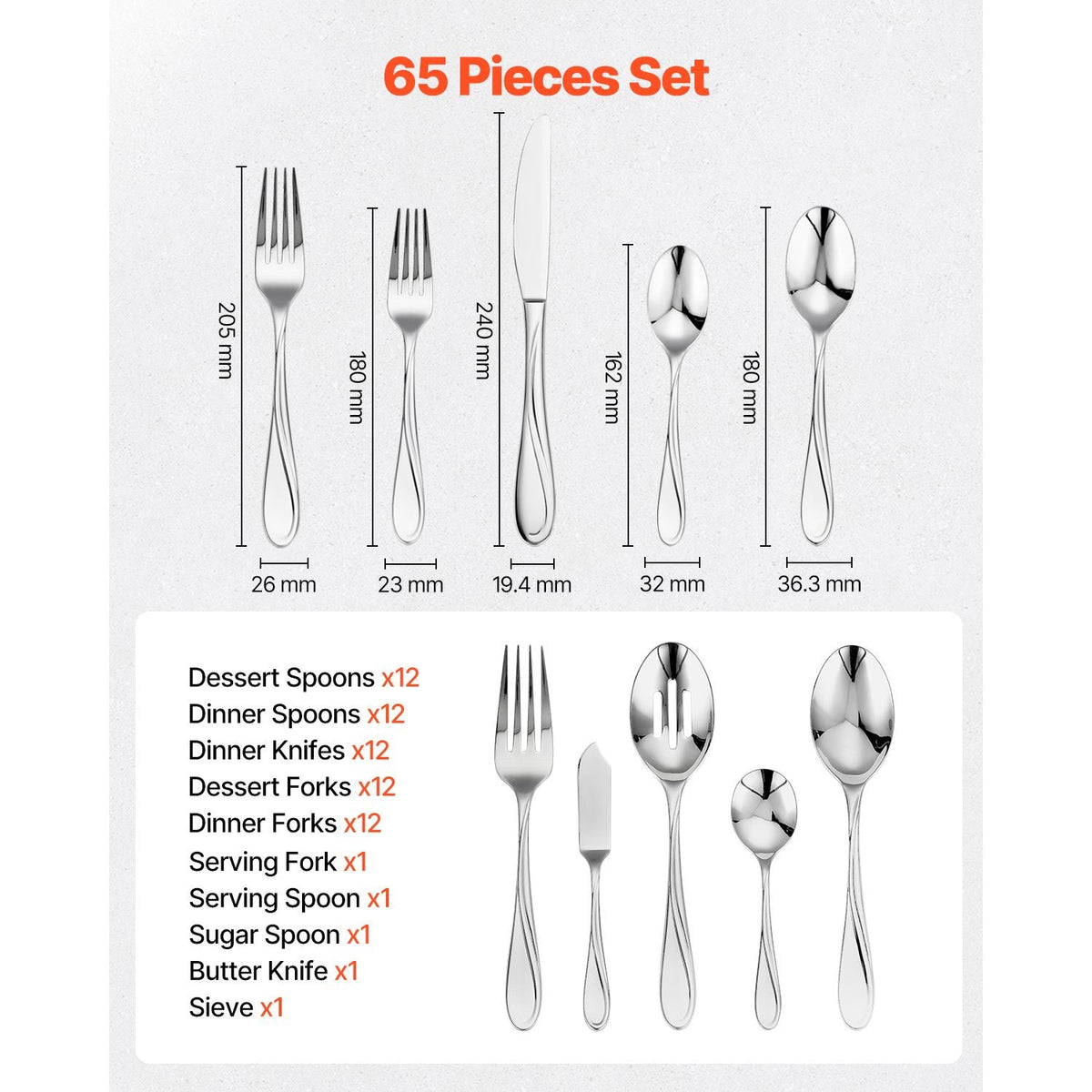 65-Piece Silverware Set, Food-Grade Stainless Steel Flatware Utensils, Mirror Finished Cutlery Set, Dishwasher Safe Eating Tableware for Kitchen Home, Service for 12, Include Knife Fork Spoon