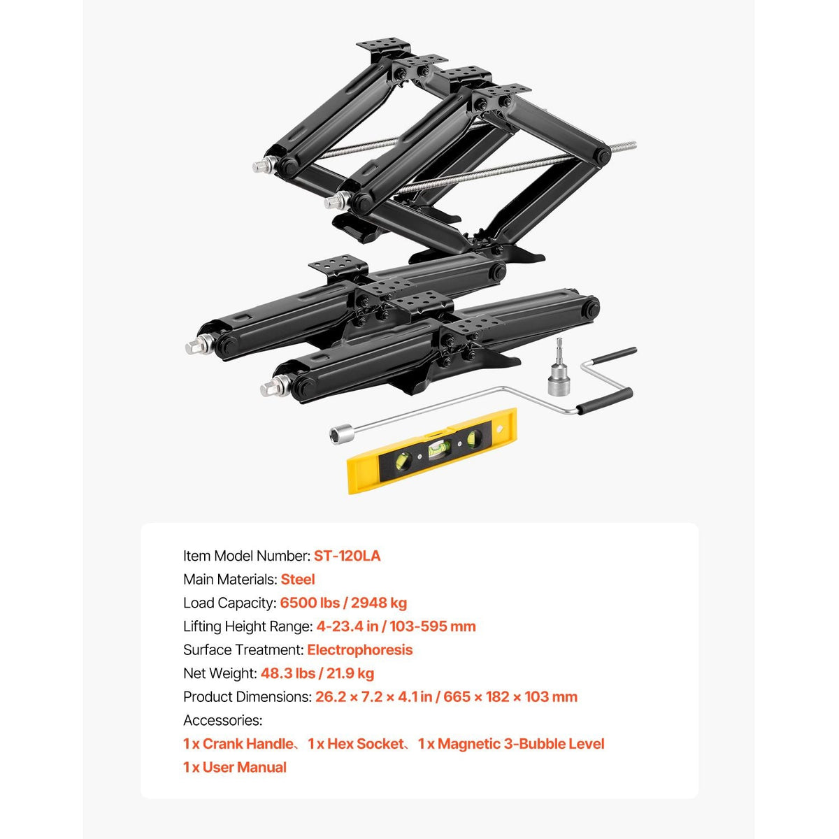 6500 lbs RV Scissor Jacks, 4-23.4 in RV Stabilizer Leveling Scissor Jacks, Set of 4, Heavy Duty Stabilizer Jack with Crank Handle, Socket and Bubble Levels, Not Easily Bent or Deformed