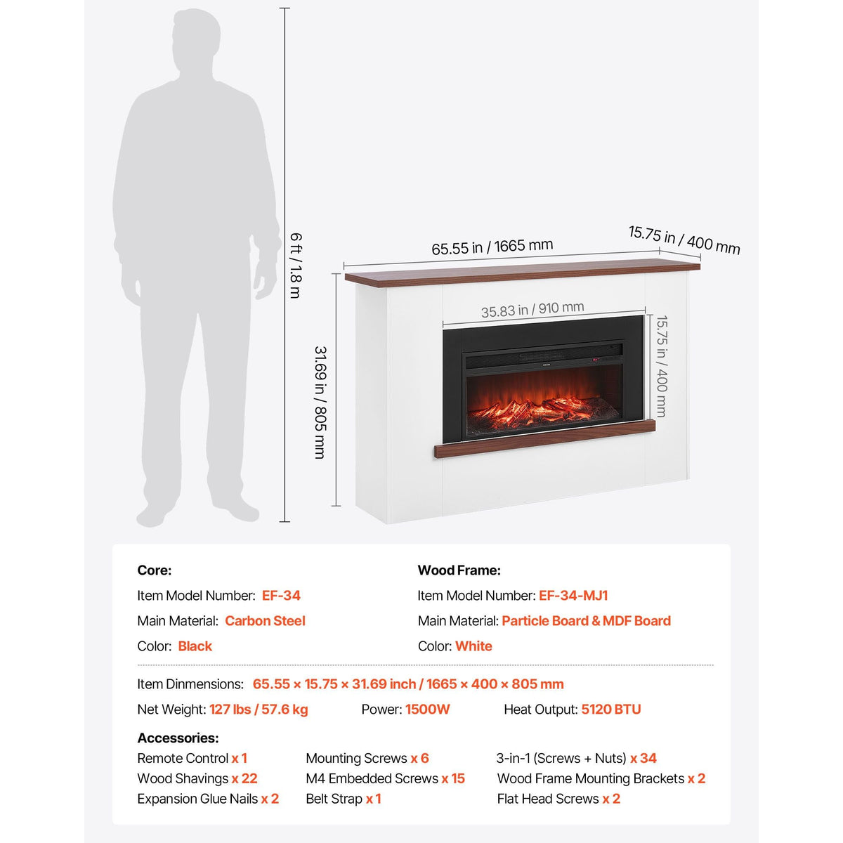 65.5 inch Freestanding Fireplaces, 1500W 5120BTU Fake Electric Fireplace Stove Heater with Mantel, Overheating Protection, Adjustable Flames,Timer, Remote, for Living Room,Bedroom