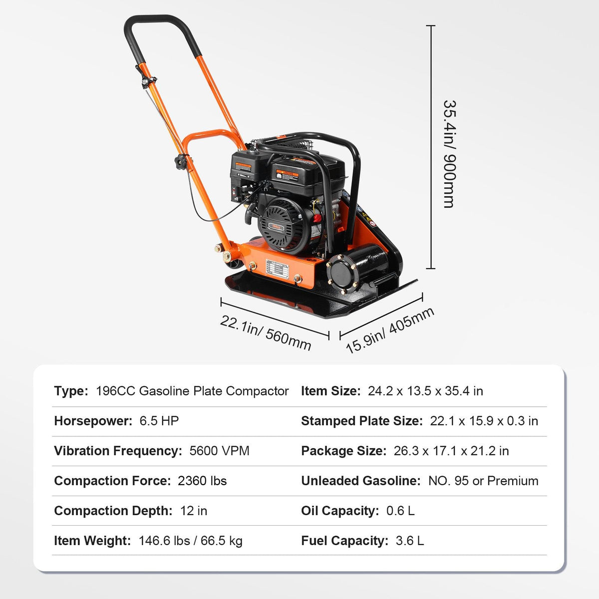 6.5HP Plate Compactor, 196CC Gas Engine, 2360 lbs Vibratory Compaction Tamper, 22.1x15.9 in Plate Power Jumping Jack Tamper, 5600 VPM Pavement Compactor for Walkways, Asphalts, Paver Landscaping
