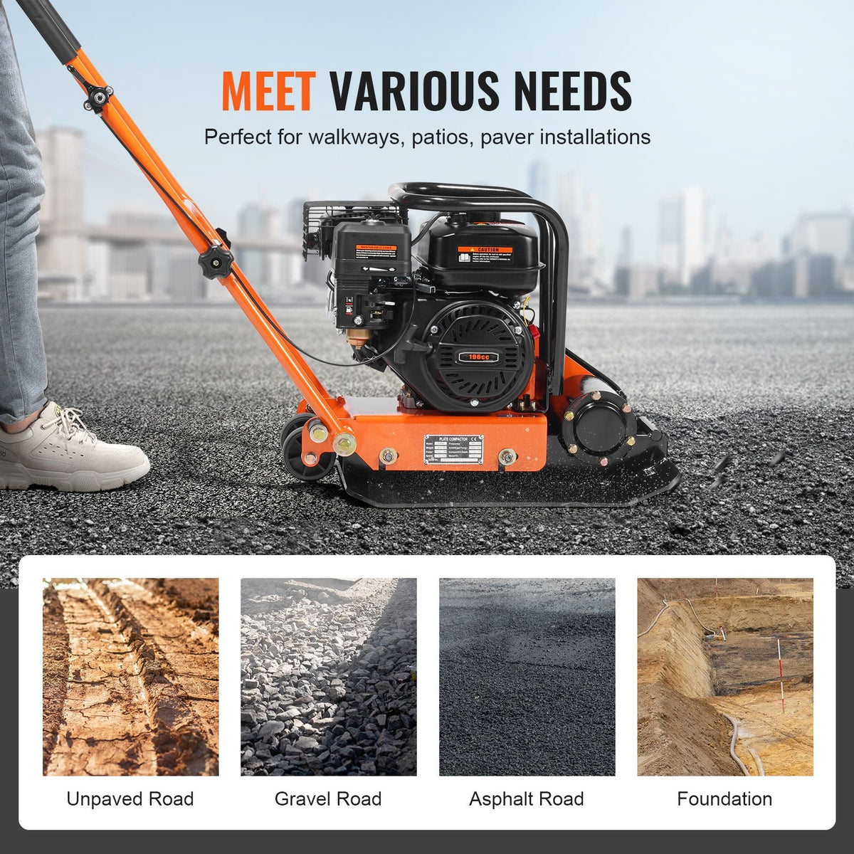 6.5HP Plate Compactor, 196CC Gas Engine, 2360 lbs Vibratory Compaction Tamper, 22.1x15.9 in Plate Power Jumping Jack Tamper, 5600 VPM Pavement Compactor for Walkways, Asphalts, Paver Landscaping