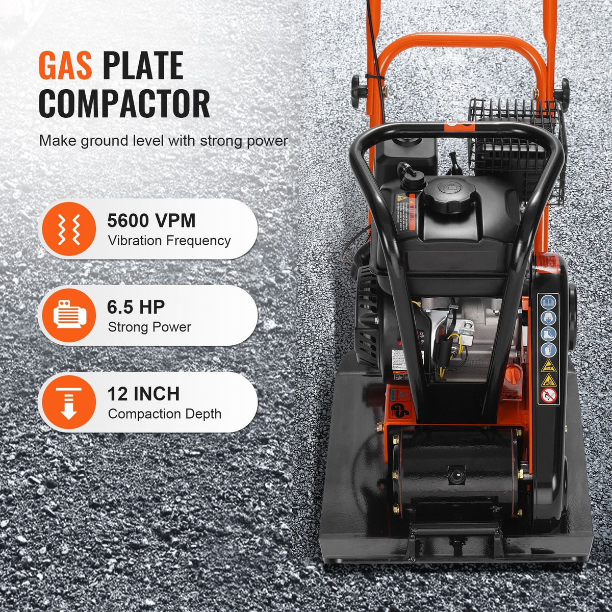 6.5HP Plate Compactor, 196CC Gas Engine, 2360 lbs Vibratory Compaction Tamper, 22.1x15.9 in Plate Power Jumping Jack Tamper, 5600 VPM Pavement Compactor for Walkways, Asphalts, Paver Landscaping