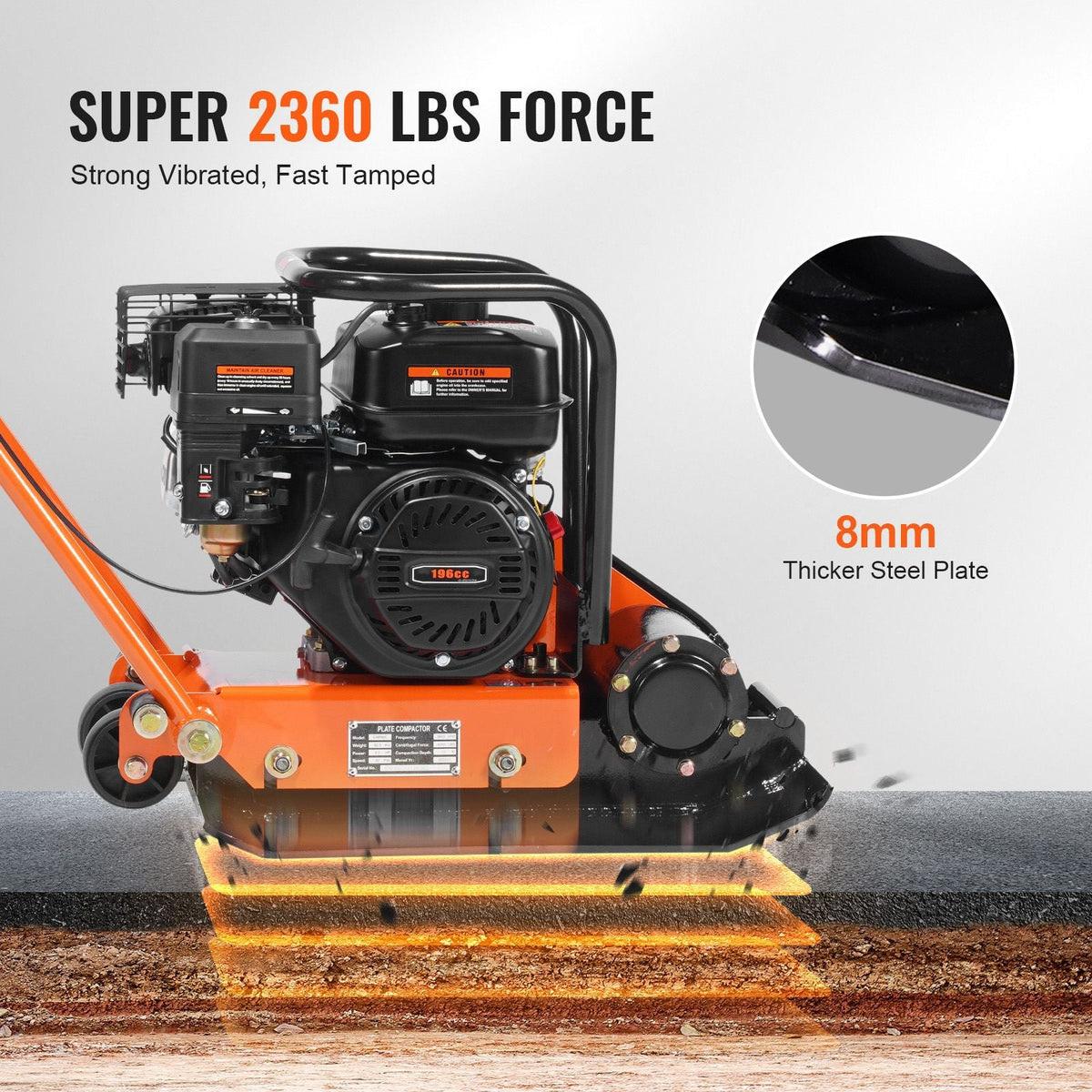6.5HP Plate Compactor, 196CC Gas Engine, 2360 lbs Vibratory Compaction Tamper, 22.1x15.9 in Plate Power Jumping Jack Tamper, 5600 VPM Pavement Compactor for Walkways, Asphalts, Paver Landscaping