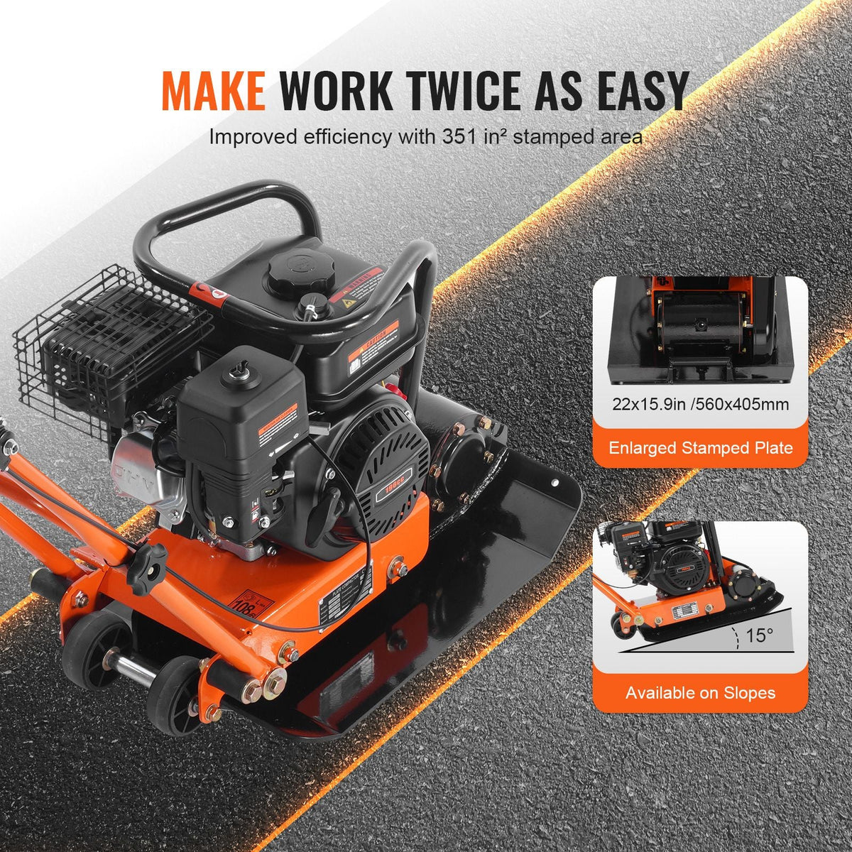 6.5HP Plate Compactor, 196CC Gas Engine, 2360 lbs Vibratory Compaction Tamper, 22.1x15.9 in Plate Power Jumping Jack Tamper, 5600 VPM Pavement Compactor for Walkways, Asphalts, Paver Landscaping