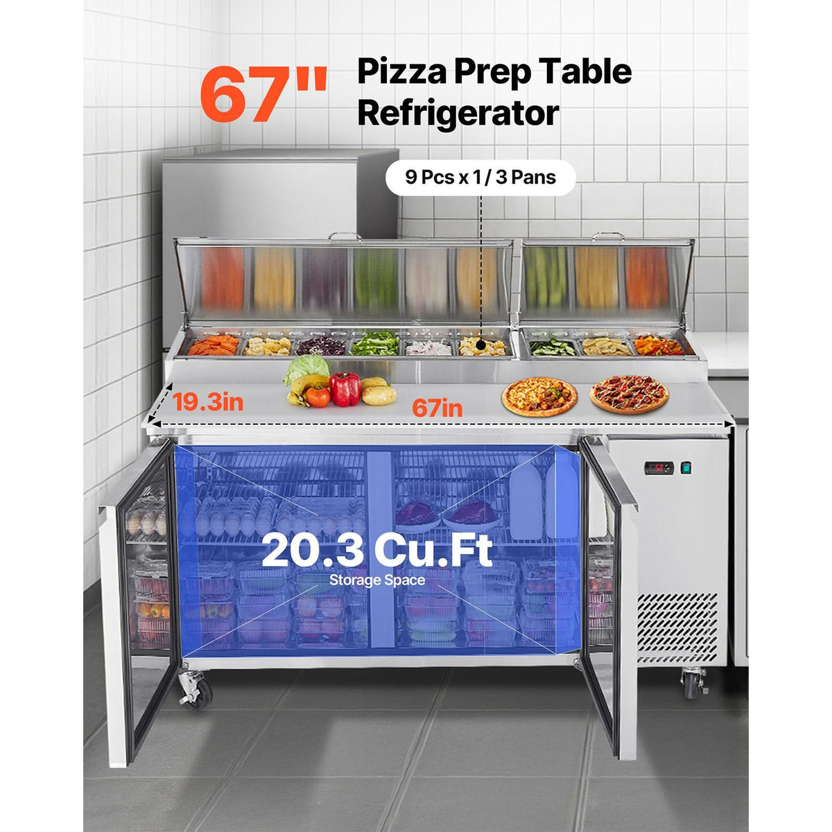 67"W Commercial Refrigerator, Pizza Prep Refrigerated Table, 20" Ultra Wide Countertop Food Prep Worktable, 20.3 Cu.Ft Single Door Salad Prep Fridge, 9 Pans Pizza Make Worktop with Cutting Board