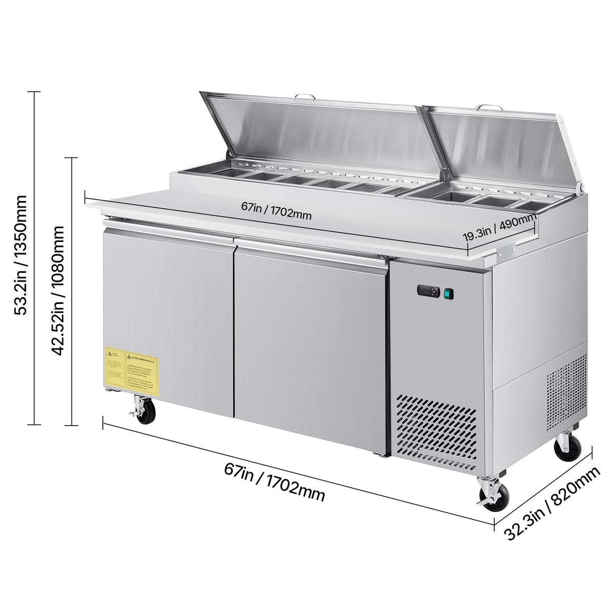 67"W Commercial Refrigerator, Pizza Prep Refrigerated Table, 20" Ultra Wide Countertop Food Prep Worktable, 20.3 Cu.Ft Single Door Salad Prep Fridge, 9 Pans Pizza Make Worktop with Cutting Board