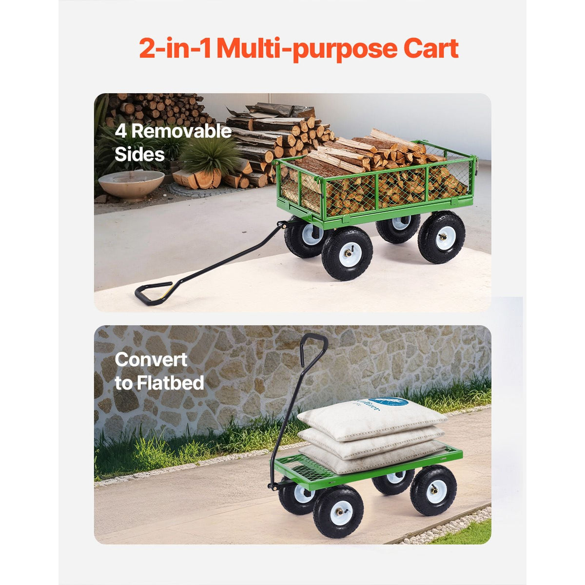 680 Lbs Steel Garden Cart on Wheels, Heavy Duty Garden Wagon Cart Pullable, Metal Outdoor Utility Yard Wagon Carts with 10" Tires, Mesh Removable Sides and 180°Rotating Handle