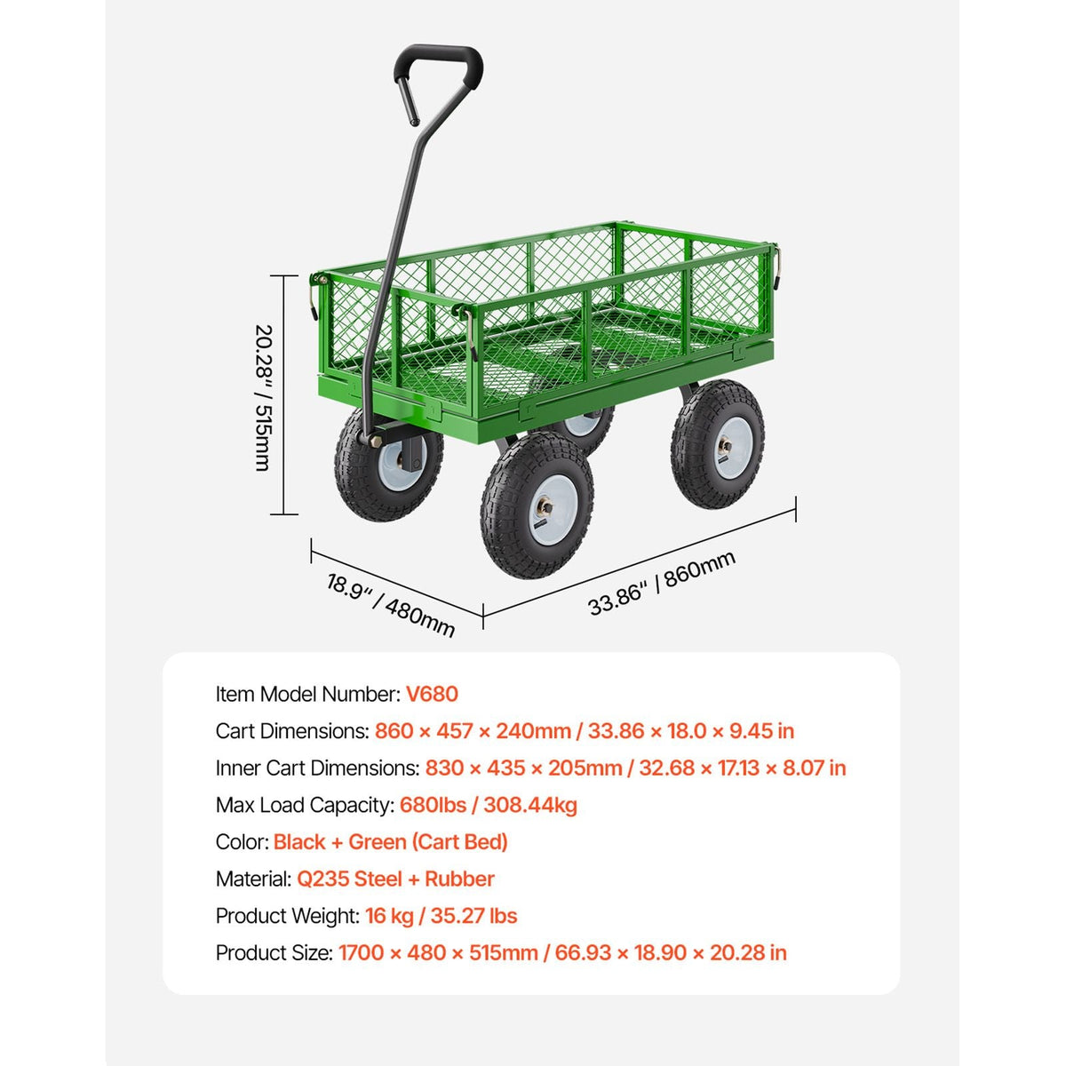 680 Lbs Steel Garden Cart on Wheels, Heavy Duty Garden Wagon Cart Pullable, Metal Outdoor Utility Yard Wagon Carts with 10" Tires, Mesh Removable Sides and 180°Rotating Handle