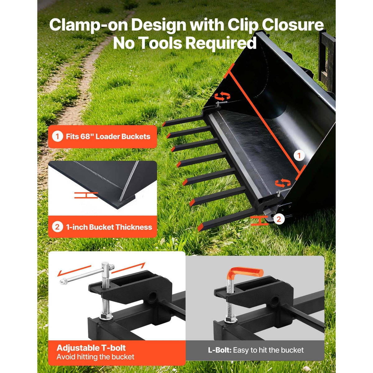 68.5" Clamp on Debris Forks for Buckets, 7 Fork Tines, 4560lbs Load Capacity, Heavy Duty Pallet Forks for Tractor Loader Skid Steer, Bolt on Bucket Attachments for Removing Yard Waste and Debris