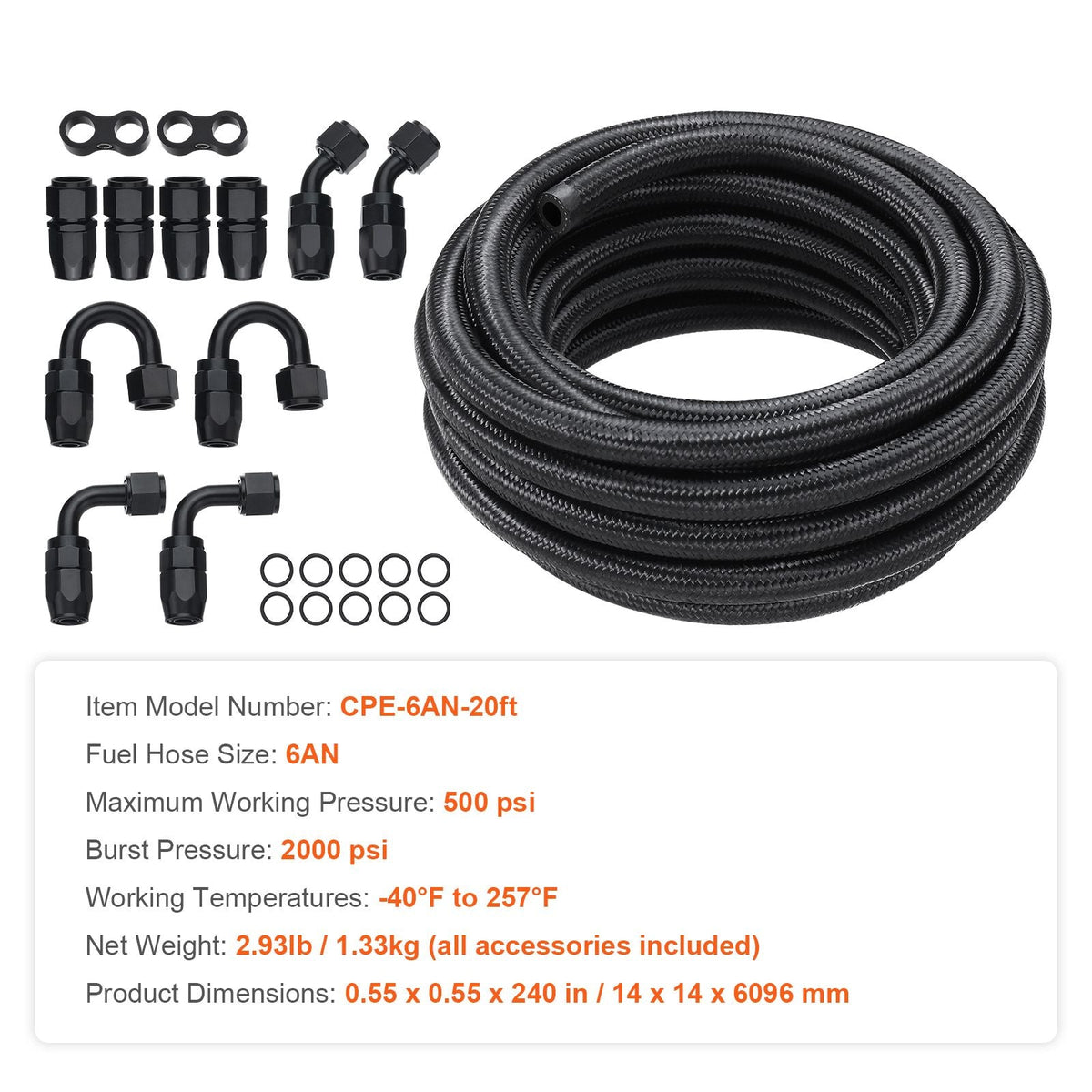 6AN Fuel Line Kit, 20 FT Fuel Hose Kit, 0.34" Nylon Stainless Steel Braided Fuel Line Oil/Gas/Diesel Hose End Fitting Kit, with 12 PCS Swivel Fitting Adapter Kit, Black