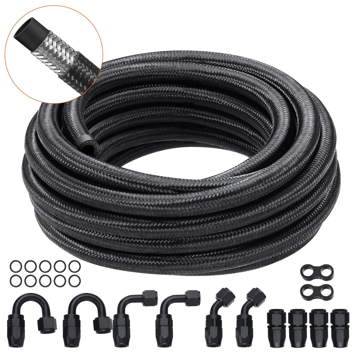 6AN Fuel Line Kit, 20 FT Fuel Hose Kit, 0.34" Nylon Stainless Steel Braided Fuel Line Oil/Gas/Diesel Hose End Fitting Kit, with 12 PCS Swivel Fitting Adapter Kit, Black