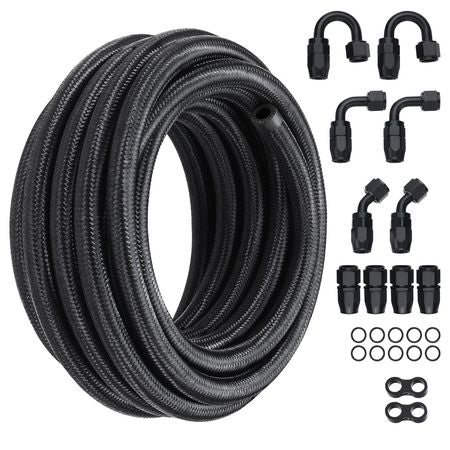 6AN Fuel Line Kit, 20 FT Fuel Hose Kit, 0.34" Nylon Stainless Steel Braided Fuel Line Oil/Gas/Diesel Hose End Fitting Kit, with 12 PCS Swivel Fitting Adapter Kit, Black