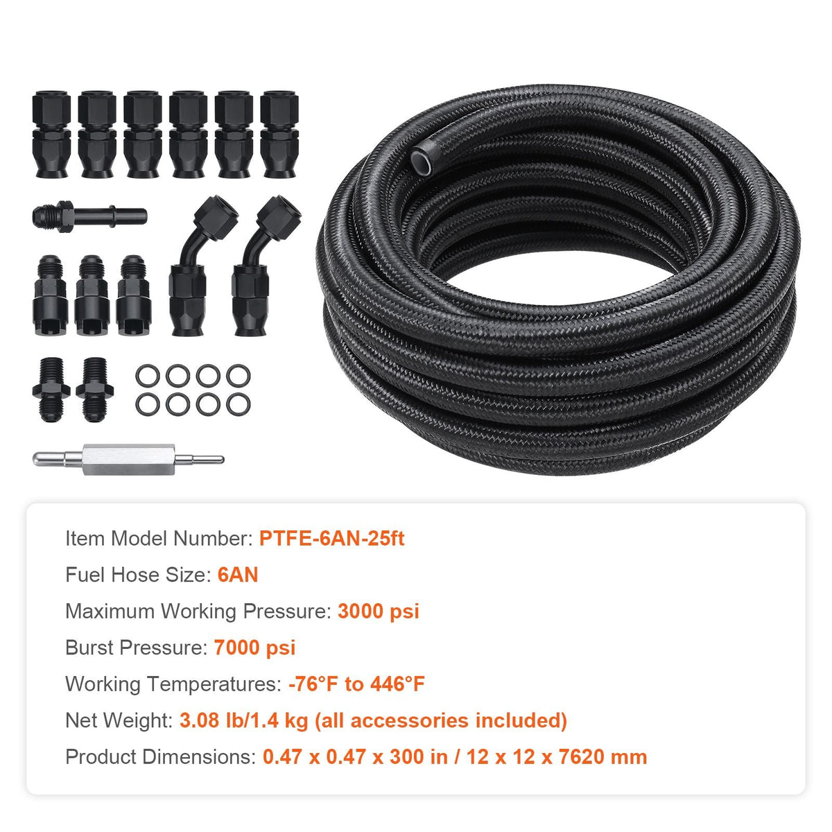 6AN Fuel Line Kit, 25 FT Fuel Hose Kit, 5/16" Nylon Stainless Steel Braided PTFE Fuel Line Kit, E85/Oil/Gas/Diesel Hose End Fitting Kit, with 15 PCS Swivel Fitting Adapter Kit, Black