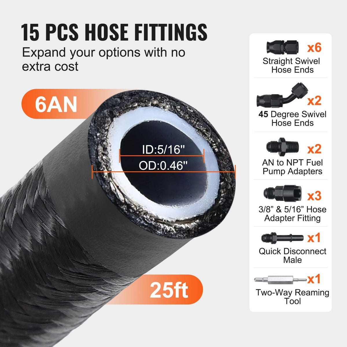 6AN Fuel Line Kit, 25 FT Fuel Hose Kit, 5/16" Nylon Stainless Steel Braided PTFE Fuel Line Kit, E85/Oil/Gas/Diesel Hose End Fitting Kit, with 15 PCS Swivel Fitting Adapter Kit, Black