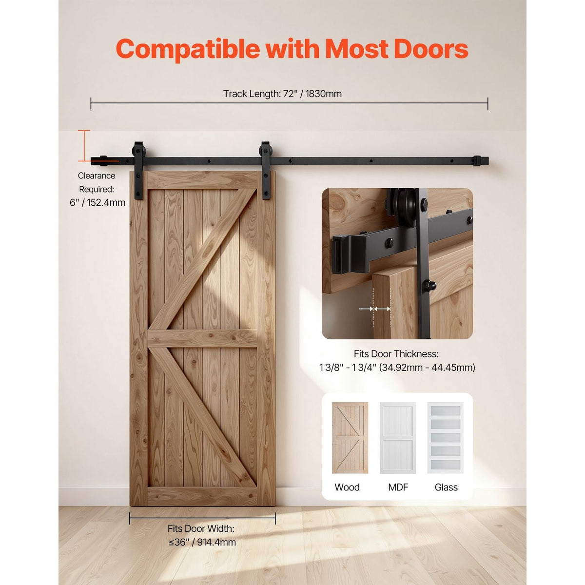 6FT Sliding Barn Door Hardware Kit, 330 LBS Weight Capacity, Compatible with 36 Inches Max Width & 1-3/8 to 1-3/4 Inches Thickness Single Sliding Barn Door, Durable Track & J-shape Roller, Black