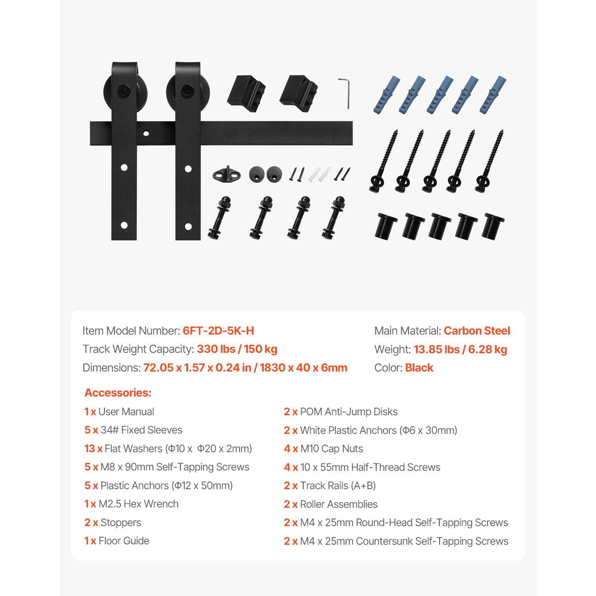 6FT Sliding Barn Door Hardware Kit, 330 LBS Weight Capacity, Compatible with 36 Inches Max Width & 1-3/8 to 1-3/4 Inches Thickness Single Sliding Barn Door, Durable Track & J-shape Roller, Black