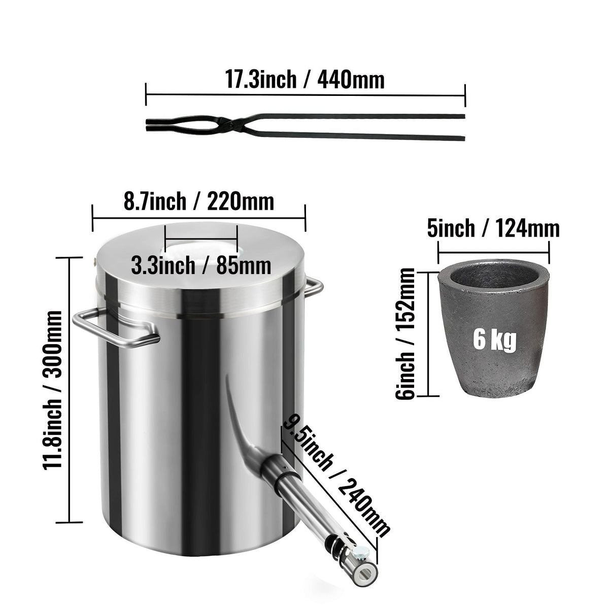 6KG Propane Melting Furnace Kit, Large Capacity Foundry Home Kilns, Blacksmithing Forge with Crucible & Tongs Kiln, Stainless Steel, For Metal Scrap Recycle, Gold Copper Silver Casting