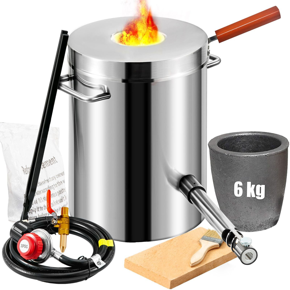 6KG Propane Melting Furnace Kit, Large Capacity Foundry Home Kilns, Blacksmithing Forge with Crucible & Tongs Kiln, Stainless Steel, For Metal Scrap Recycle, Gold Copper Silver Casting