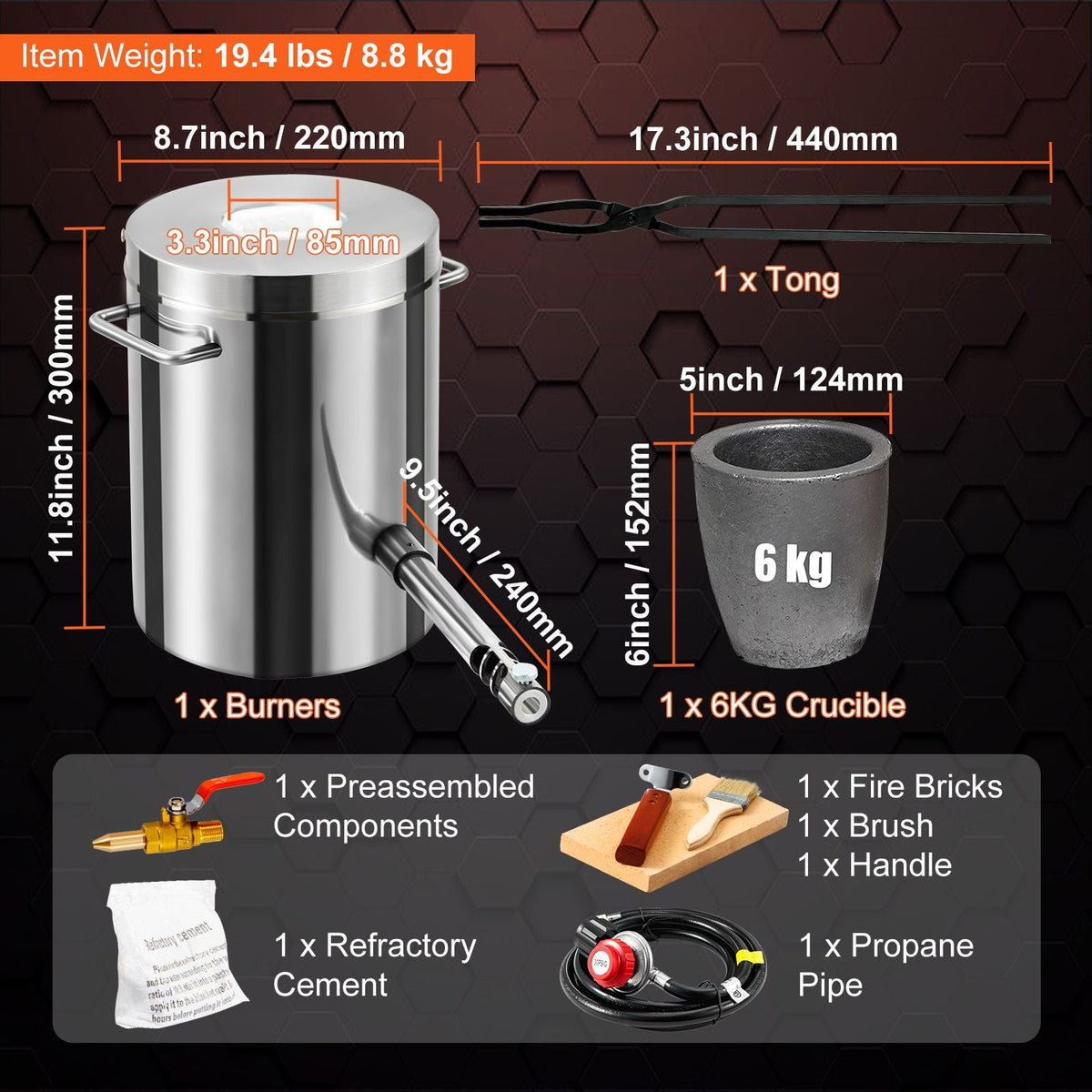 6KG Propane Melting Furnace Kit, Large Capacity Foundry Home Kilns, Blacksmithing Forge with Crucible & Tongs Kiln, Stainless Steel, For Metal Scrap Recycle, Gold Copper Silver Casting