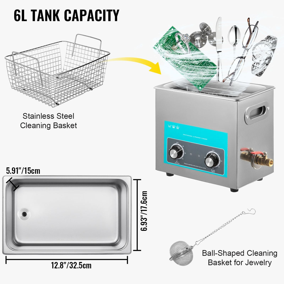 6L Ultrasonic Cleaner, 304 Stainless Steel Professional Knob Control, Ultrasonic Cleaner with Heater Timer for Jewelry Watch Glasses Circuit Board Dentures Small Parts Dental Instrument