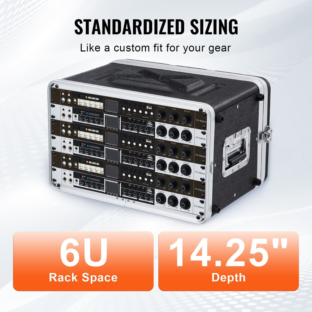6U Rack Case, Standard 14 in Depth, Server Rack Cabinet with ABS Construction Handle Heavy-Duty Twist Butterfly Latches, Detachable Front & Back Panels, for Amps, Mixers, Microphone Receivers