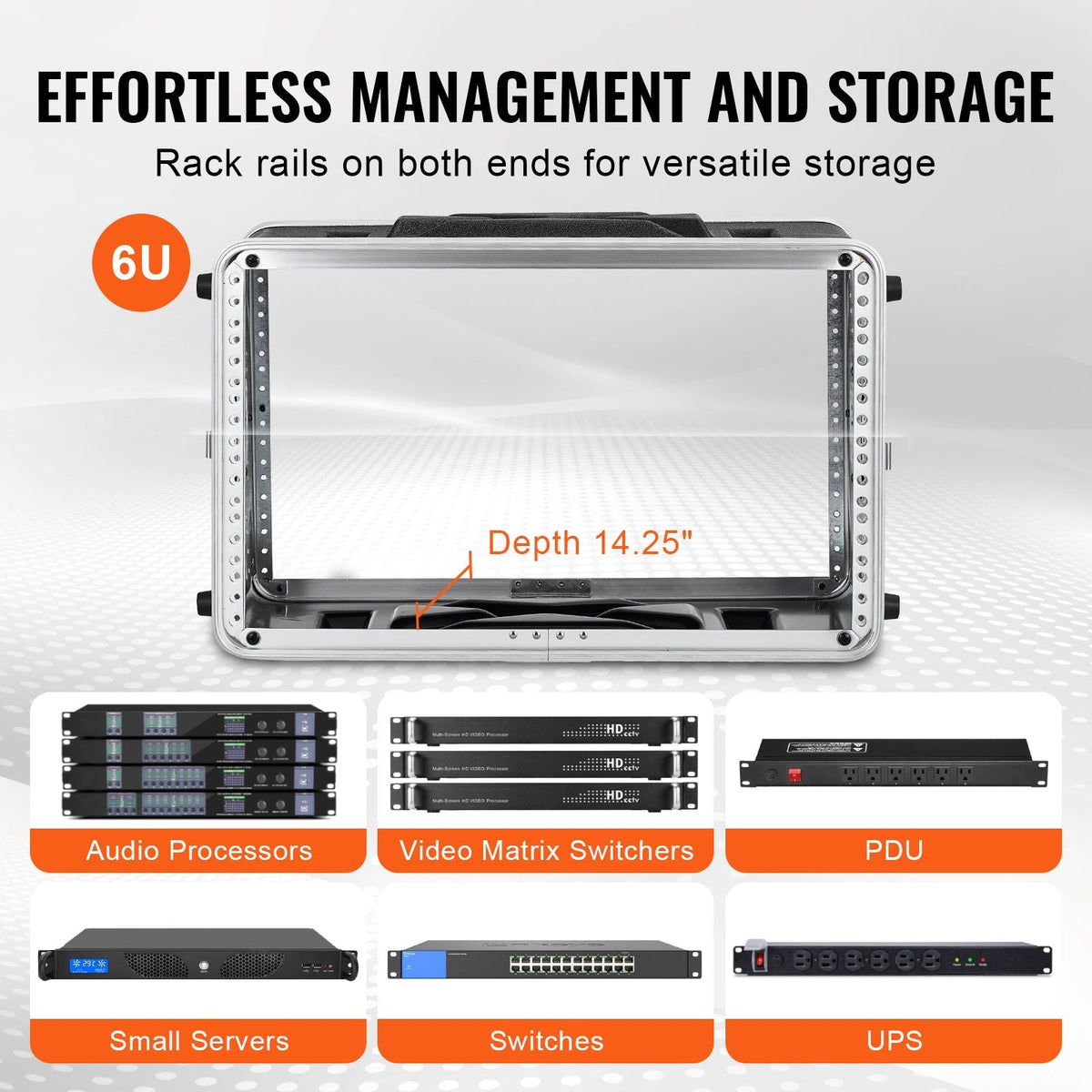 6U Rack Case, Standard 14 in Depth, Server Rack Cabinet with ABS Construction Handle Heavy-Duty Twist Butterfly Latches, Detachable Front & Back Panels, for Amps, Mixers, Microphone Receivers