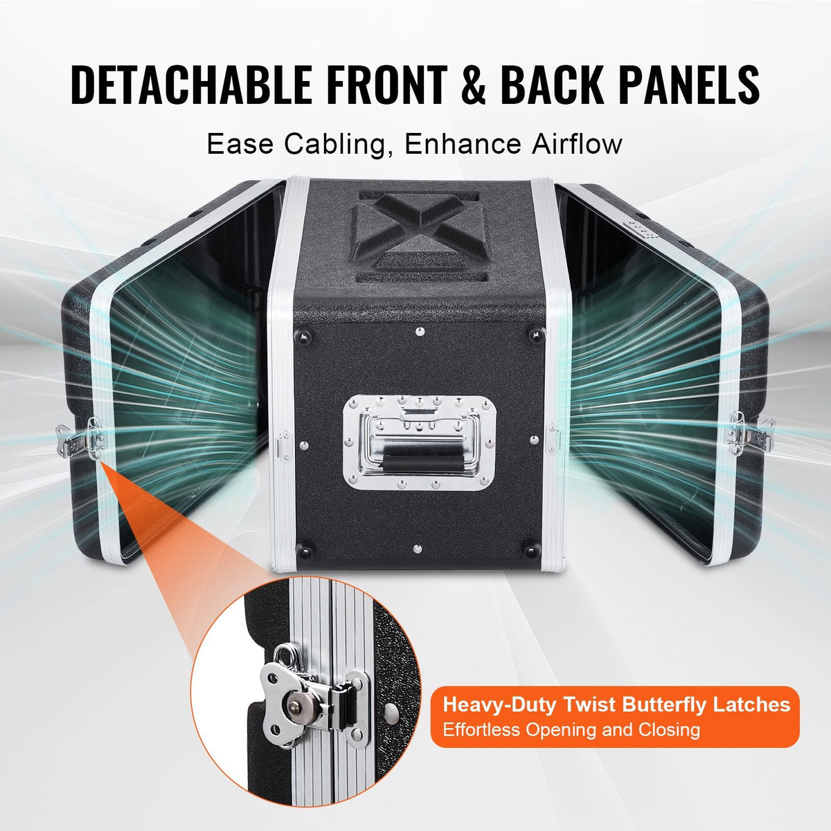 6U Rack Case, Standard 14 in Depth, Server Rack Cabinet with ABS Construction Handle Heavy-Duty Twist Butterfly Latches, Detachable Front & Back Panels, for Amps, Mixers, Microphone Receivers