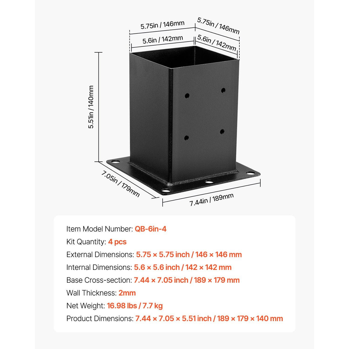 6x6 Post Base 4 Pcs, Inner Size 5.6x5.6 inch / 142x142 mm Post Brackets, Heavy Duty Carbon Steel Decking Posts, Wood Posts Brackets for Pavilion Deck Railing Support Deck Base Plate, Black